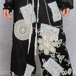 POL Black Wide Leg Pants with Embroidered Patchwork NWOT WAIST 20’ inseam 29’